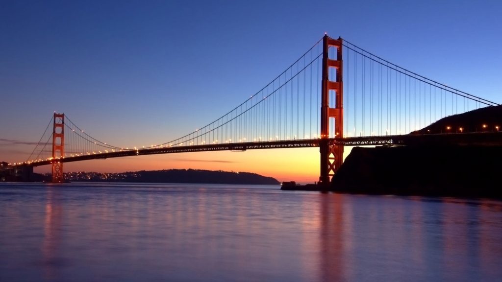 Golden Gate Bridge with lights on it