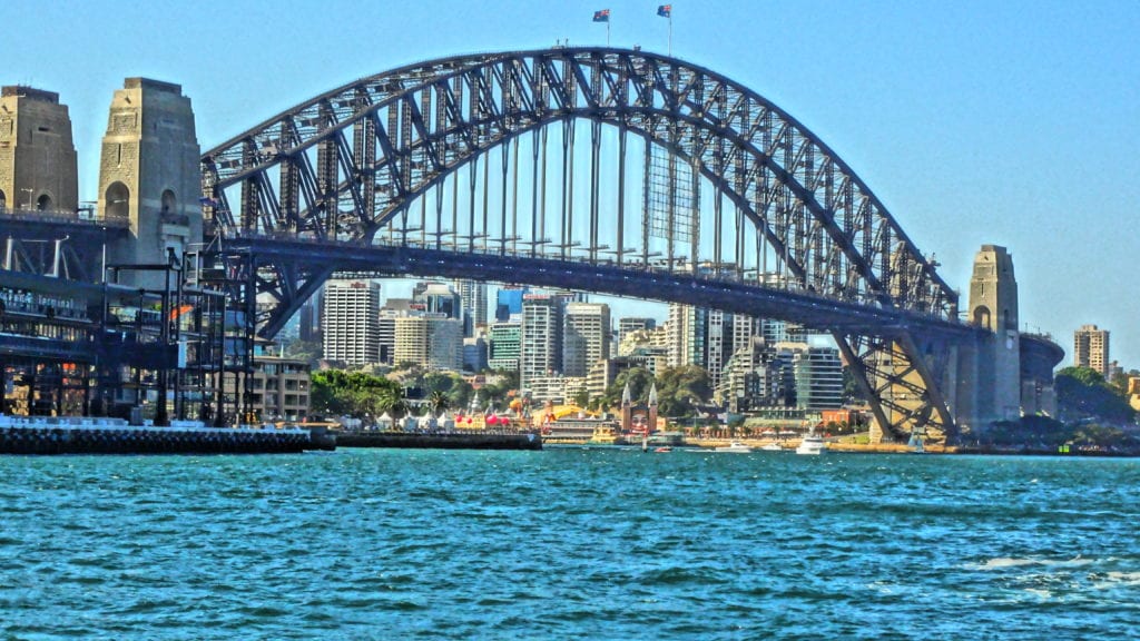 Sydney Harbour Bridge over water with buildings in the background