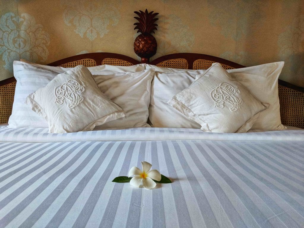 a white flower on a bed