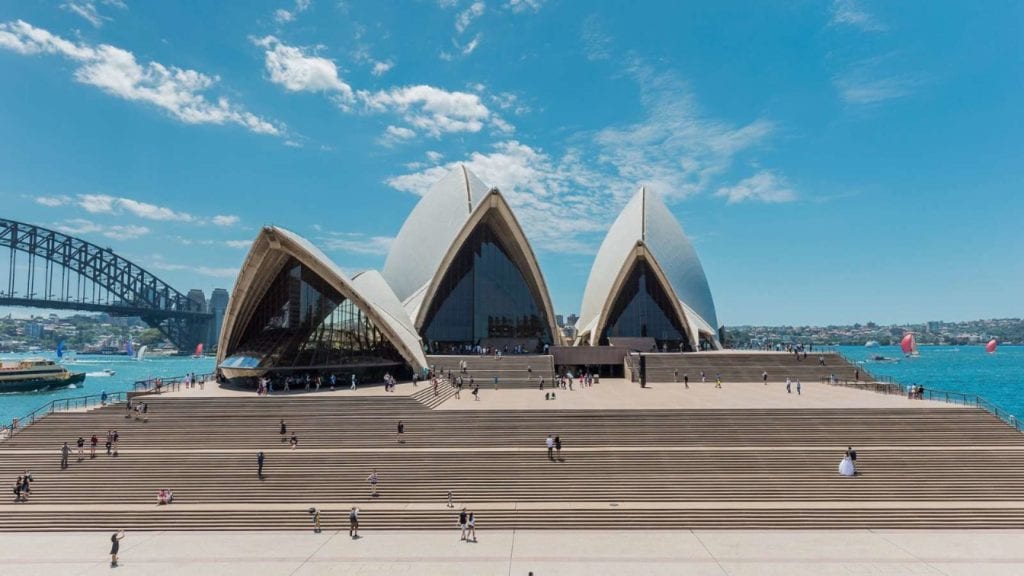 Sydney Opera House with pointed roof and stairs