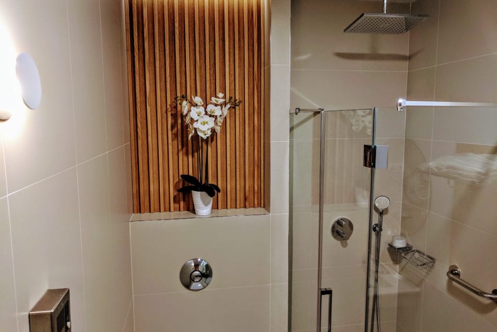 a shower with a flower in a pot
