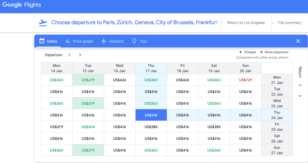 google flights matrix