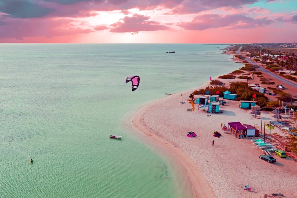 Aerial from Aruba at Fisherman's Huts in the Caribbean at twilight