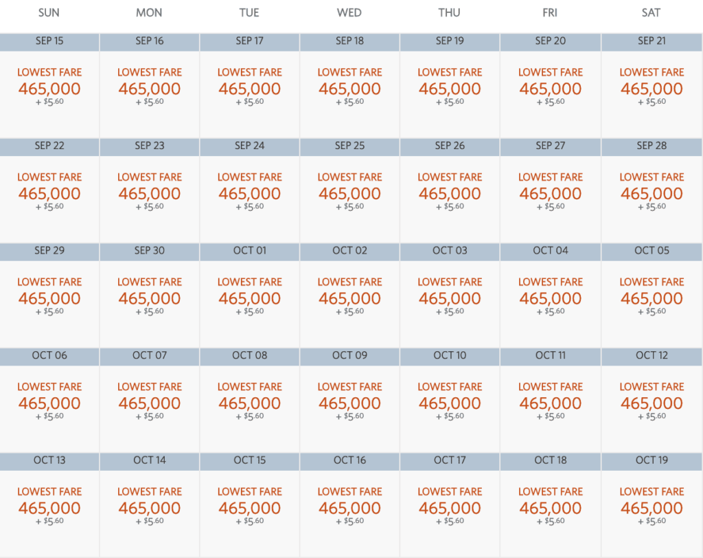 Korean Air Award Booking Chart