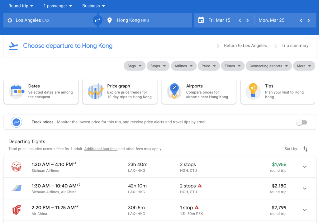Google Flights Search Results
