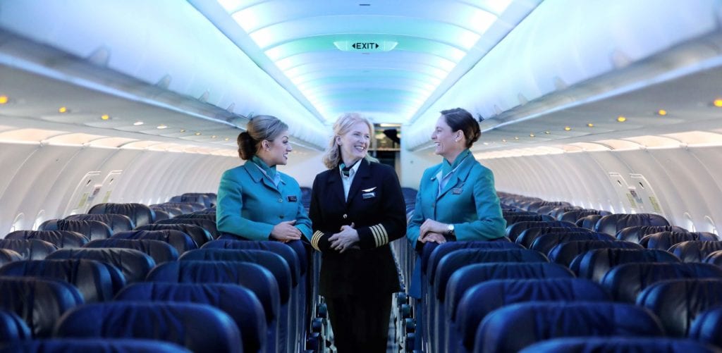 Pictured left to right: Aer Lingus Cabin crew member Grainne O’Callaghan, Captain Colette Evans and Cabin crew member Katie Quinn. Aer Lingus has today announced the introduction of a new customised mood lighting system to its fleet of aircraft. Aer Lingus has partnered with Cobalt Aerospace to deliver the best-in-class LED cabin lighting which features carefully-curated lighting settings to minimise the effects of jet-lag and to maximise the well-being of passengers through each phase of their flight.