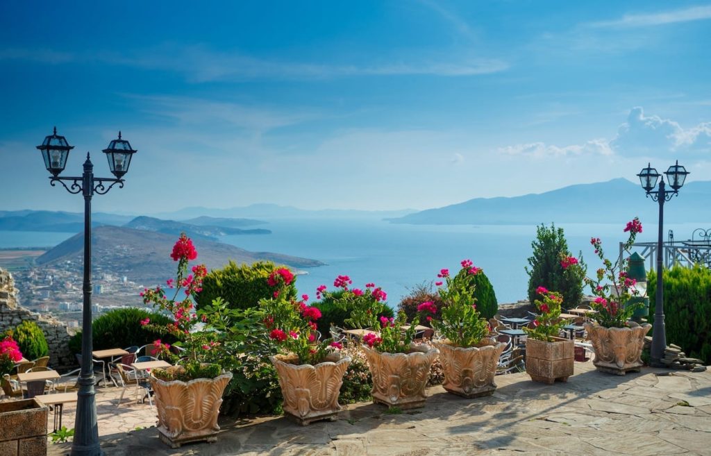 a group of plants and flowers on a terrace overlooking a body of water