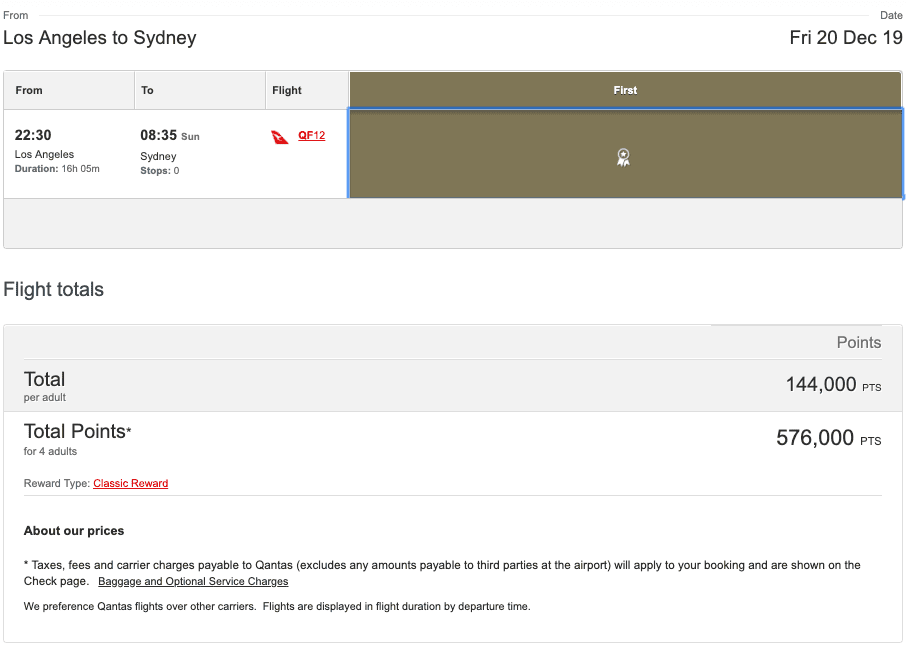 Qantas First Class Award Space For 4