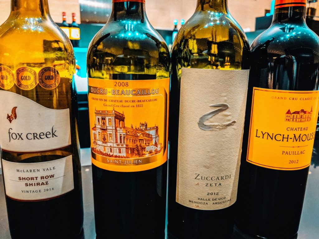 a group of wine bottles