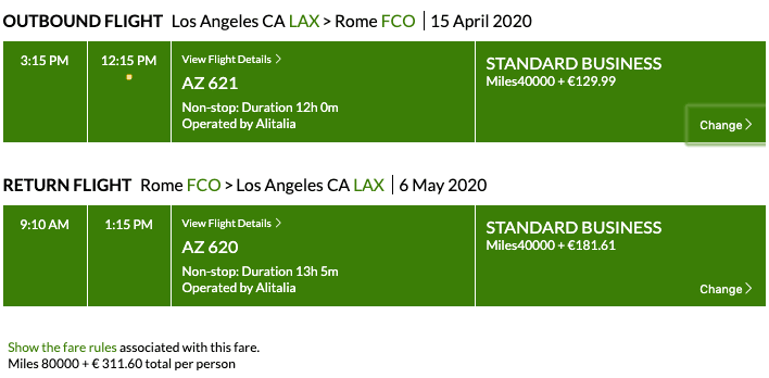 Alitalia Skyteam Award Chart