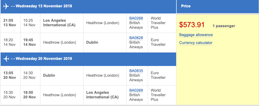 British Airways Premium Economy Example July 2019