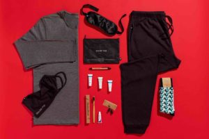 a group of items on a red background