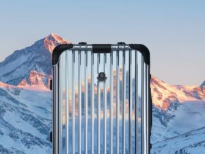 a silver suitcase with a mountain in the background
