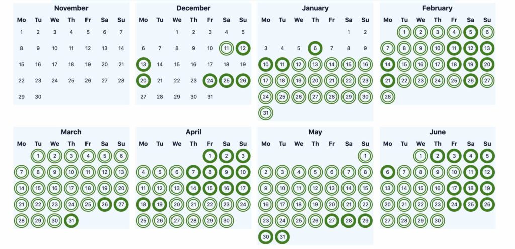 a calendar with green circles