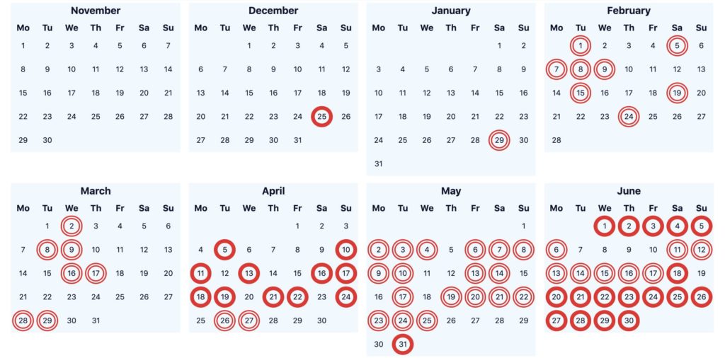 a calendar with red circles