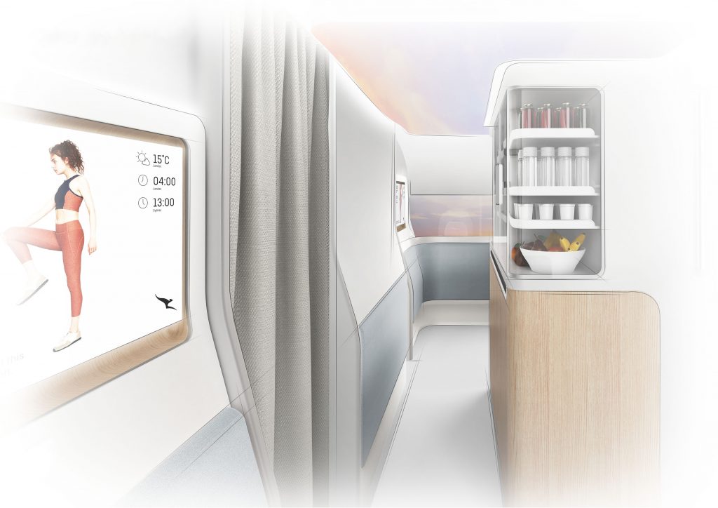a drawing of a room with a refrigerator and a screen