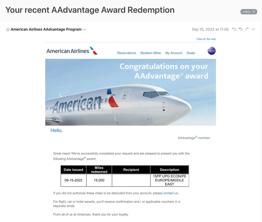 upgrade business american airlines - upgrade cleared